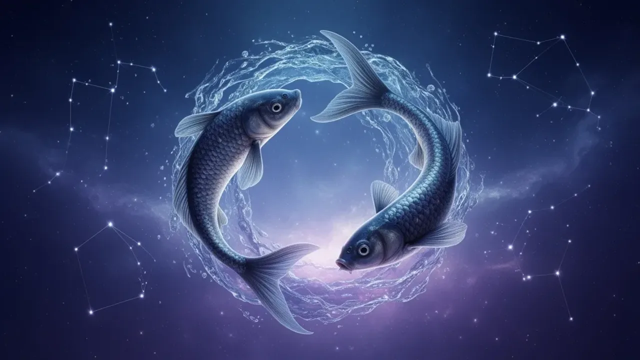 19 luty znak zodiaku: Ryby – charakterystyka znaku, intuicja i horoskop Symboliczne przedstawienie Ryb jako 19 luty znak zodiaku na tle gwiezdnego nieba i wody.