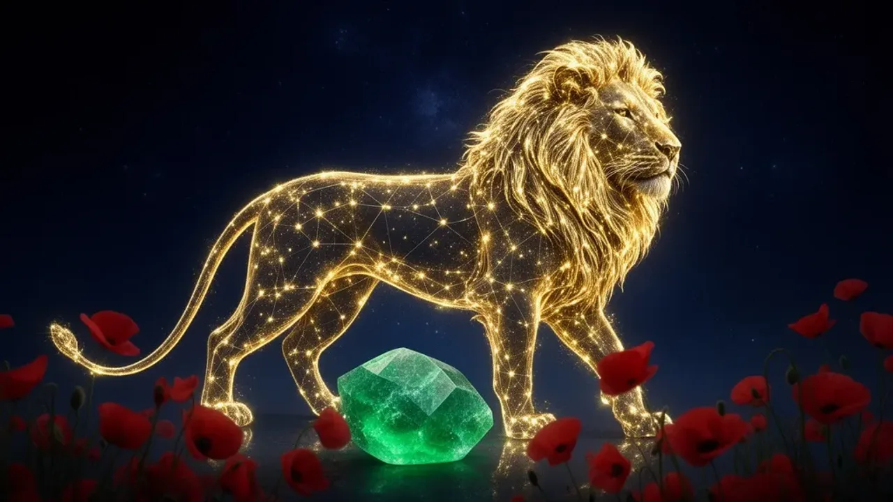 21 sierpnia znak zodiaku: Lew – pełna charakterystyka i opis znaku Złoty lew jako 21 sierpnia znak zodiaku na tle kosmosu z kamieniem chryzopaz.