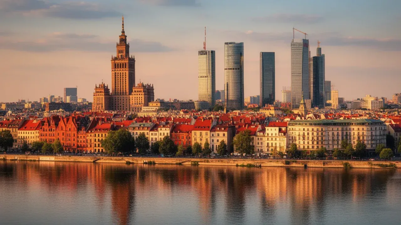 Atrakcje Warszawa: co warto zobaczyć w stolicy Polski? Najciekawsze miejsca Panoramiczny widok na najciekawsze atrakcje Warszawa: Zamek Królewski, Stare Miasto i Pałac Kultury i Nauki o zachodzie słońca.