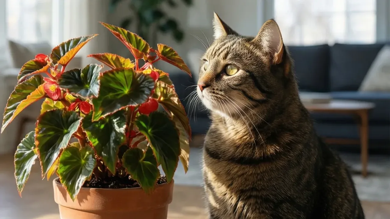 Begonia a kot: czy ta roślina jest trująca i co wywołuje zatrucie? Ciekawski kot wąchający doniczkę z begoniami w domowym wnętrzu – relacja begonia a kot i zasady bezpieczeństwa roślin.