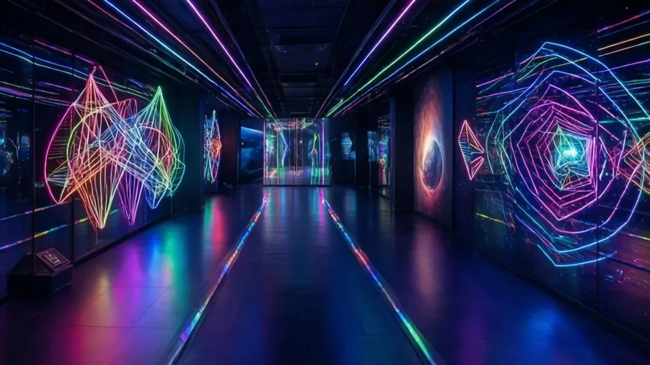 Cosmos Muzeum Warszawa: Interaktywna wystawa, bilet, wstęp i godziny Wnętrze Cosmos Muzeum Warszawa z interaktywnymi instalacjami świetlnymi i lustrzanymi iluzjami.