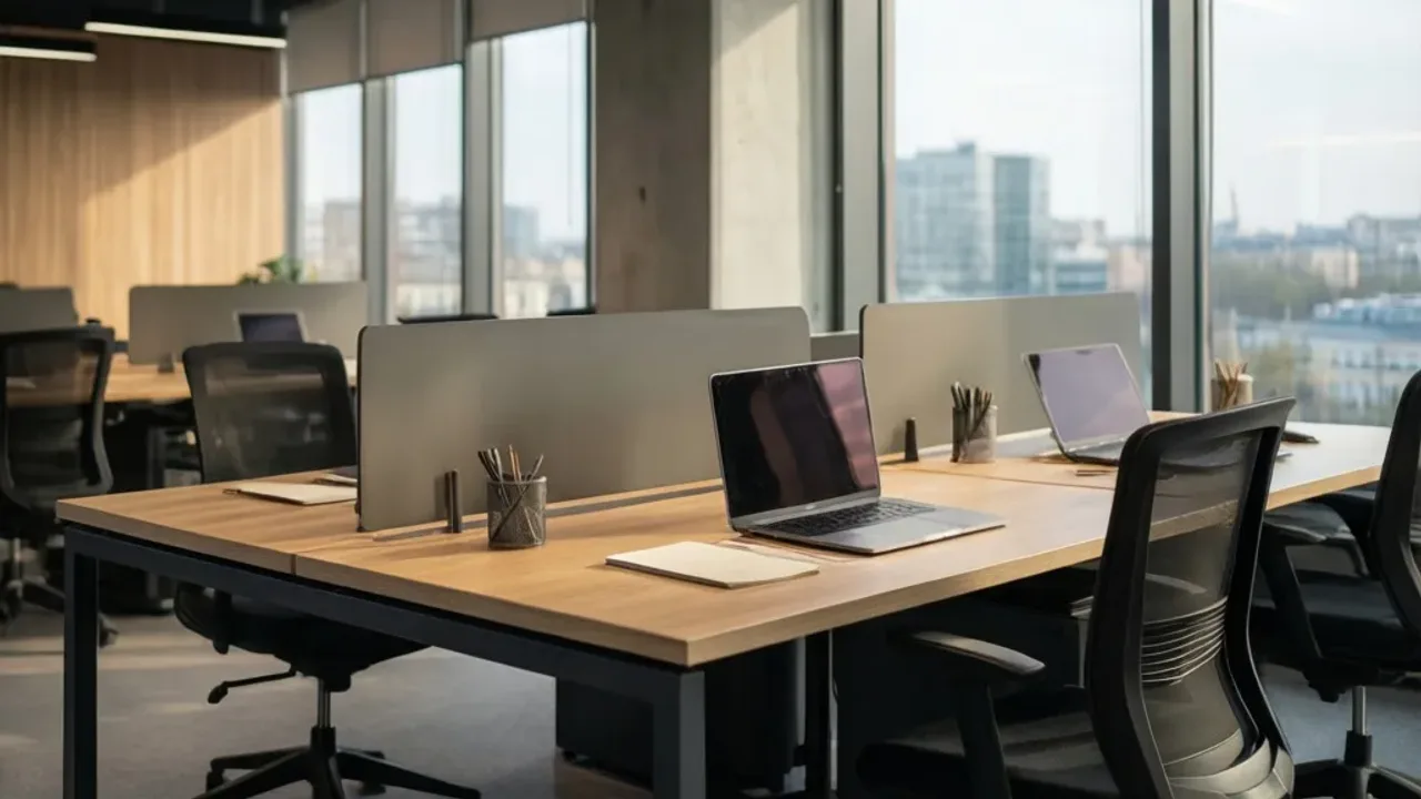 Darmowy coworking Warszawa: bezpłatna przestrzeń do pracy w stolicy Nowoczesna przestrzeń, w której znajduje się darmowy coworking Warszawa, wyposażona w ergonomiczne biurka i profesjonalne stanowiska do pracy.