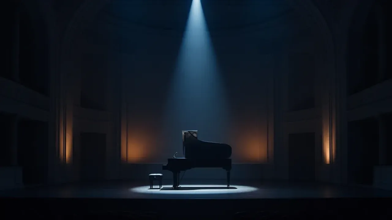 Hania Rani koncert Warszawa: bilety, live, ensemble present, Warsaw festival Widok profesjonalnej sceny koncertowej z fortepianem przygotowanej na Hania Rani koncert Warszawa.