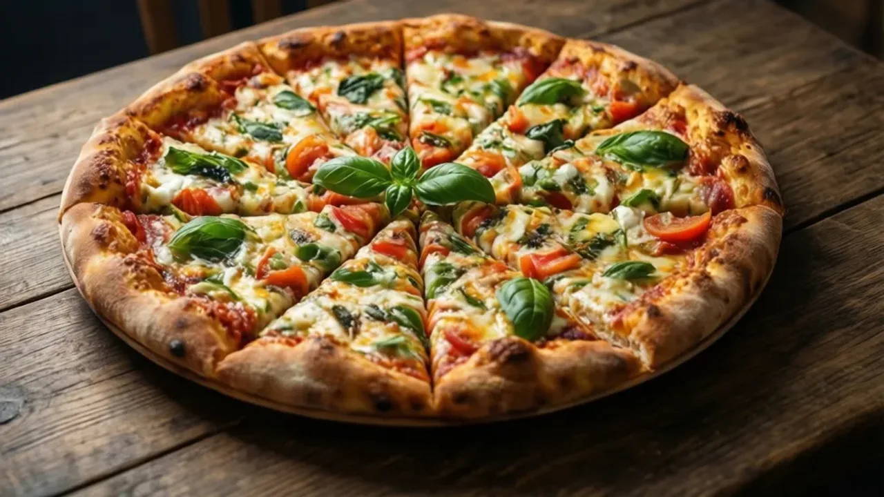 Ile kalorii ma pizza 50 cm? Kaloryczność całej pizzy i kawałka Duża, świeżo upieczona pizza 50 cm na drewnianym stole, ilustrująca ile kalorii ma pizza 50 cm w zależności od dodatków.