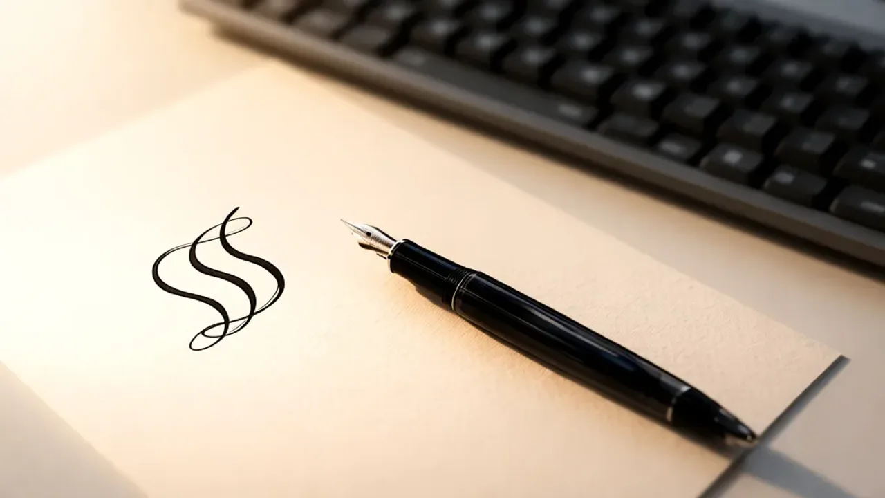 Jak napisać paragraf ręcznie, wstawić symbol § w Word lub na klawiaturze Pióro wieczne spoczywające na dokumencie prawnym z odręcznie napisanym symbolem §, ilustrujące jak napisać paragraf ręcznie.