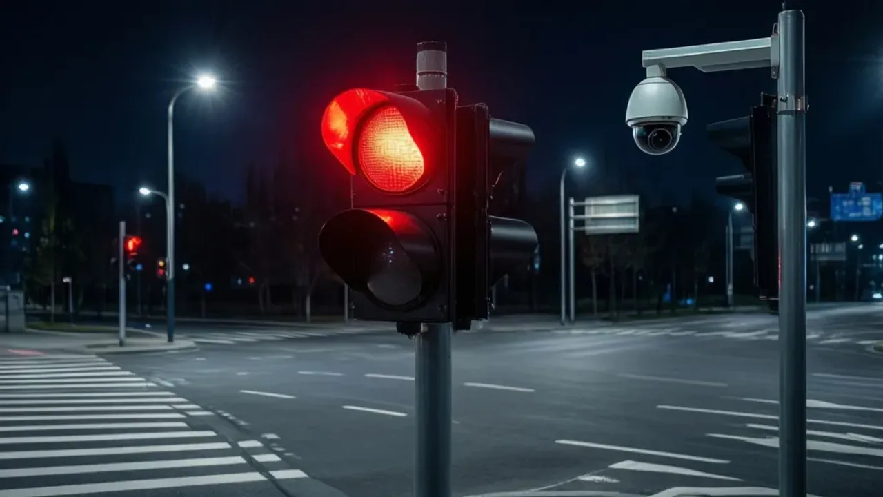 Mandat za przejazd na czerwonym: kary i punkty karne w 2025 – jak uniknąć kary? System monitoringu Red Light rejestrujący mandat za przejazd na czerwonym na skrzyżowaniu.
