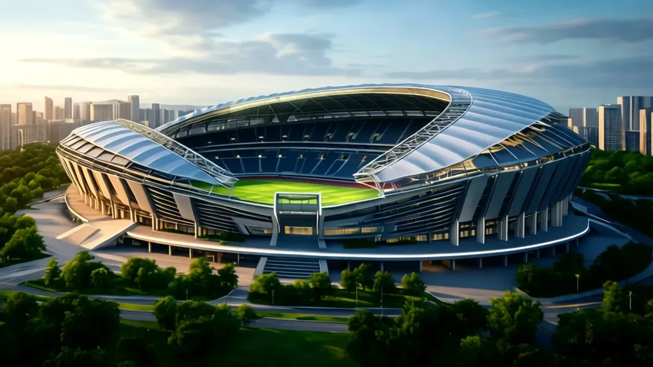 Nowy stadion Polonii Warszawa: Hala sportowa i plany klubu Nitota Wizualizacja architektoniczna przedstawiająca nowoczesny nowy stadion Polonii Warszawa w otoczeniu miejskiej zabudowy.