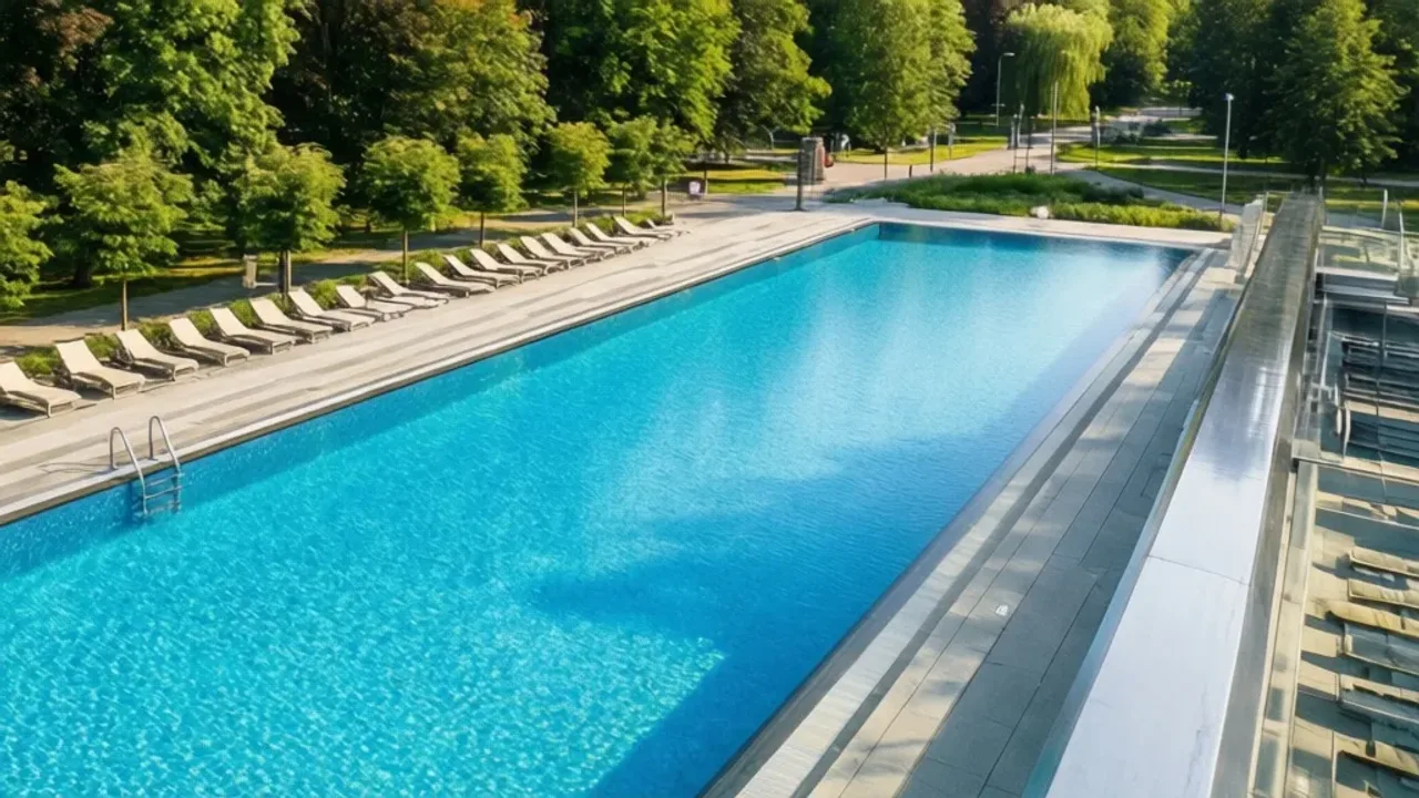 Otwarte baseny Warszawa 2025: harmonogram i baseny odkryte Warszawa Nowoczesny basen olimpijski w słoneczny dzień – otwarte baseny Warszawa w otoczeniu zieleni.