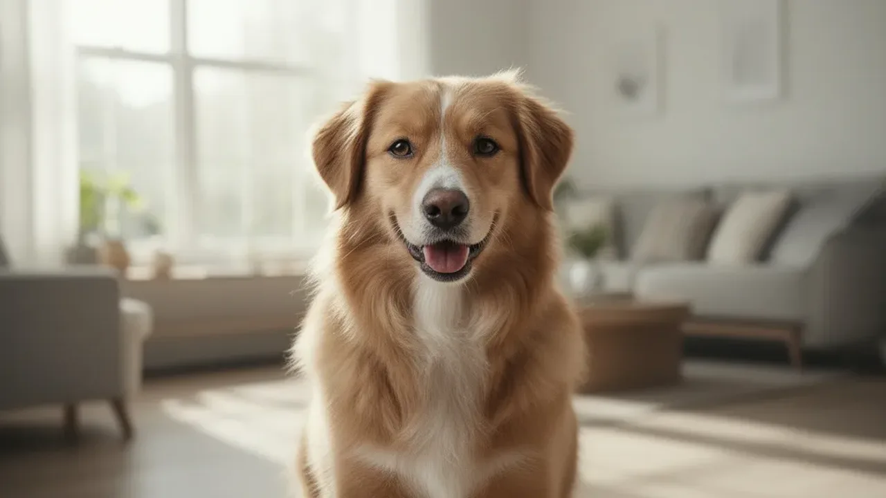 Pies domowy: jak poznać psy, rasę i canis lupus familiaris – idealny pies Przyjazny pies domowy odpoczywający w słonecznym i przytulnym salonie.