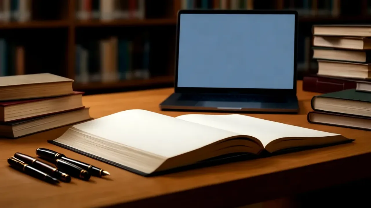 Pisanie prac dyplomowych: profesjonalny redaktor, pomoc w pisaniu prac Biurko studenta z notatkami i laptopem podczas pracy nad pisanie prac dyplomowych.