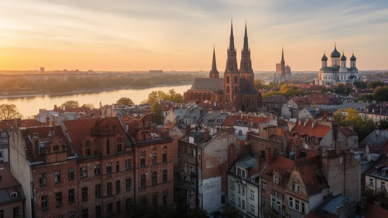 Praga Warszawa: dzielnica, stara praga i Praga-Południe w stolicy Historyczna architektura i zabytkowe kamienice w Praga Warszawa przy zachodzącym słońcu.