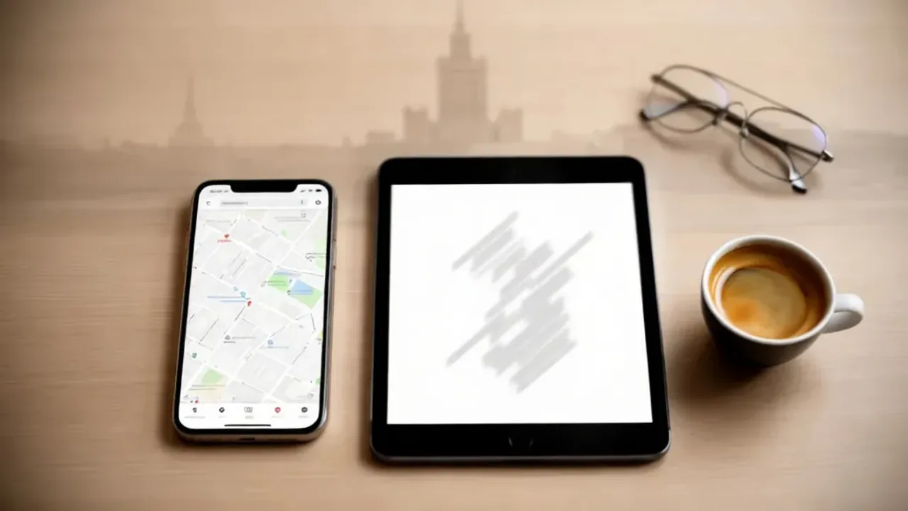 Przewodnik po warszawie pdf: jak zwiedzać każdy obiekt w mieście? Smartfon z otwartym plikiem przewodnik po warszawie pdf na tle panoramy Warszawy.