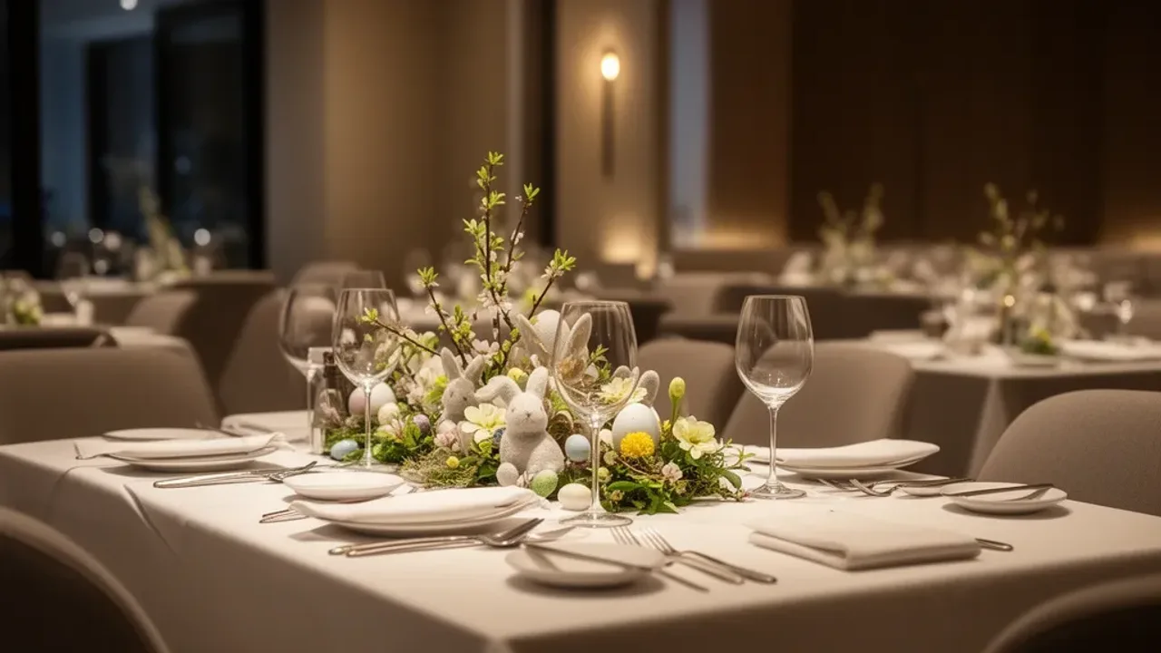 Restauracje otwarte w wielkanoc 2025: Gdzie zjeść w mieście? Elegancko nakryty stół wielkanocny z tradycyjnymi potrawami wewnątrz restauracji, która jest jedną z propozycji z listy restauracje otwarte w wielkanoc.