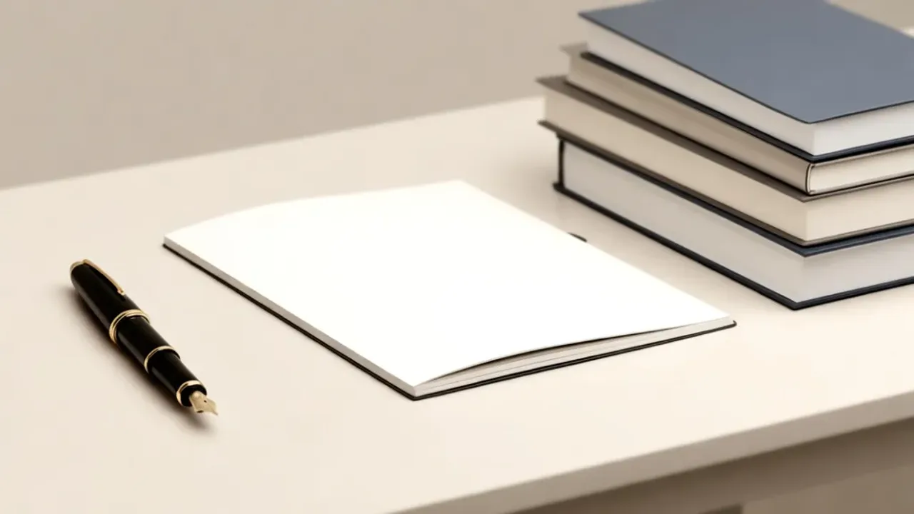 Rozprawka po angielsku: jak napisać for and against essay na maturę? Eleganckie biurko z przyborami do pisania i notatkami, przygotowanie do pisania rozprawka po angielsku.