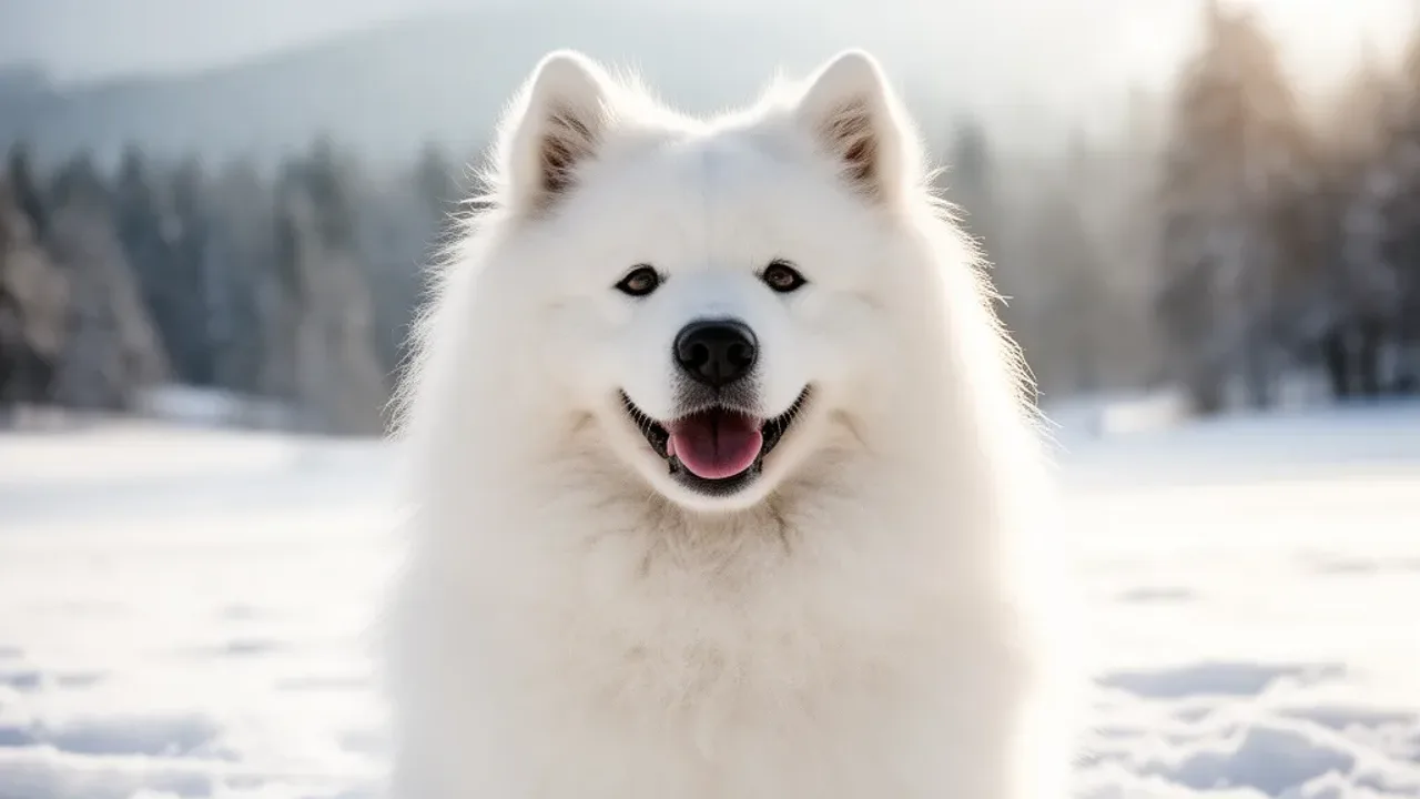 Samoyed ile żyje? Opis rasy samojed syberyjski – uśmiechnięty towarzysz Szczęśliwy i zdrowy pies rasy samoyed w słonecznym ogrodzie, ilustrujący temat samoyed ile żyje.