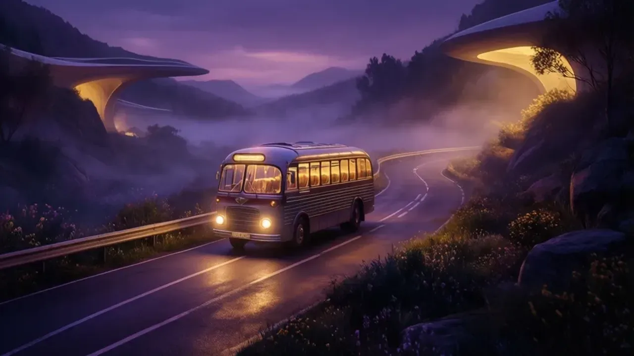 Sennik jechać autobusem: co oznacza sen o autobusie i jazda we śnie? Ilustracja do artykułu sennik jechać autobusem przedstawiająca surrealistyczny autobus jadący w sennym krajobrazie miejskim.