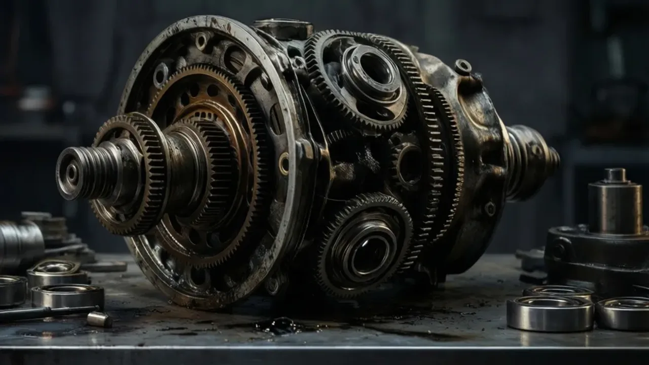 Uszkodzony dyfer objawy: awaria mechanizmu różnicowego – jak sprawdzić? Zdemontowany mechanizm różnicowy na stole warsztatowym jako główny uszkodzony dyfer objawy podczas diagnostyki.