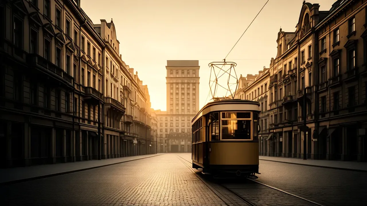 Warszawa przed wojną: historia warszawy w dwudziestoleciu Elegancka architektura i elektryczny tramwaj na ulicy, Warszawa przed wojną w historycznym kadrze.