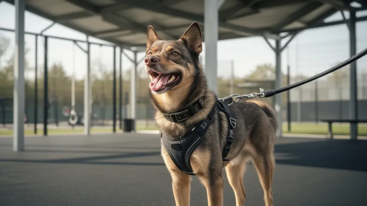 Wyprowadzanie psów ze schroniska: wolontariat, wolontariusz i adopcja Szczęśliwy pies w szelkach gotowy na wyprowadzanie psów ze schroniska.