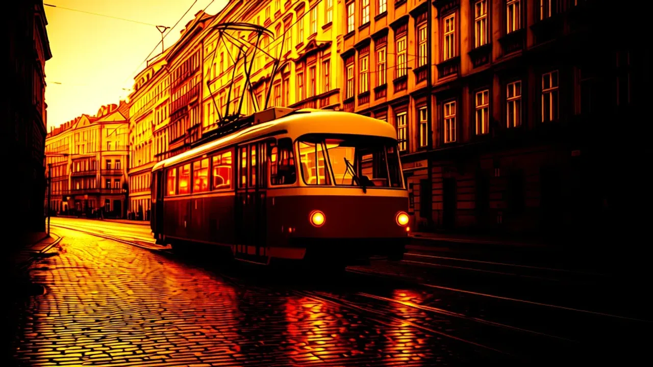 Zabytkowy tramwaj: przewodnik po liniach i historycznych trasach w Warszawie Zabytkowy tramwaj typu 13N podczas przejazdu historyczną ulicą Warszawy w słoneczny dzień.